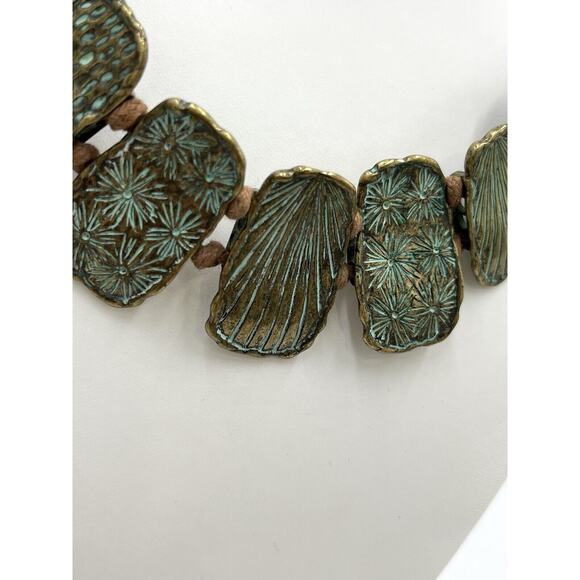 St. Thomas Etched Medallions Copper Tone Brown Suede Patina Statement Necklace - Picture 10 of 15